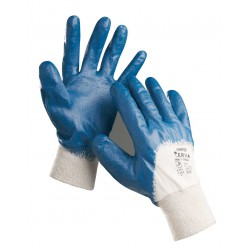 NR08 Rukavice šité z bavlněného úpletu, polomáčené v modrém nitrilu, s pružným nápletem